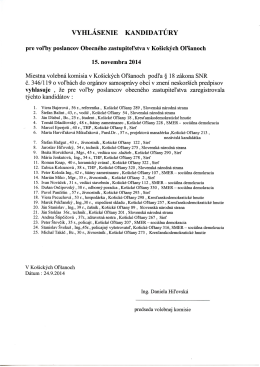Vyhl&aacute;senie kandidat&uacute;ry pre voľby poslancov Obecn&eacute;ho