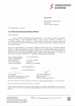 Prerušenie distribúcie elektriny dňa 9.12. a 11.12.2014