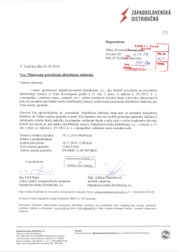 Prerušenie distribúcie elektriny dňa 19.11.2014