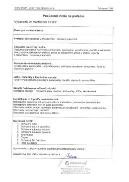 Pos&uacute;denie rizika na profesiu Vybavenie zamestnanca