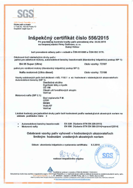 Inšpekčný certifikát vydaný spoločnosťou SGS Czech