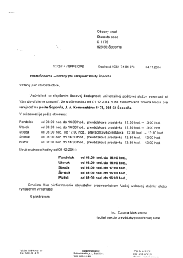 Nov&eacute; otv&aacute;racie hodiny po&scaron;ty v obci &Scaron;oporňa od 01.12.2014