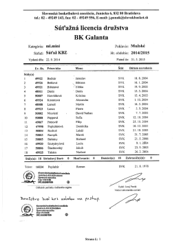 Súťažná licencia družstva BK Galanta