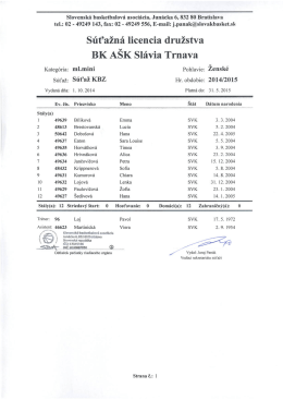 S&uacute;ťažn&aacute; licencia družstva BK A&Scaron;K Sl&aacute;via Trnava