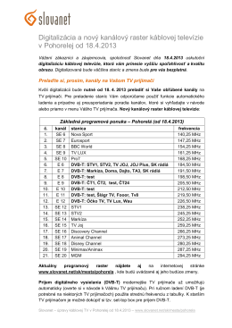 Digitalizácia a nový kanálový raster káblovej televízie v Pohorelej od