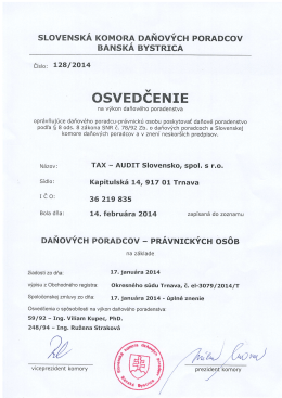 OSVEDCENIE - TAX – AUDIT Slovensko, spol. s ro