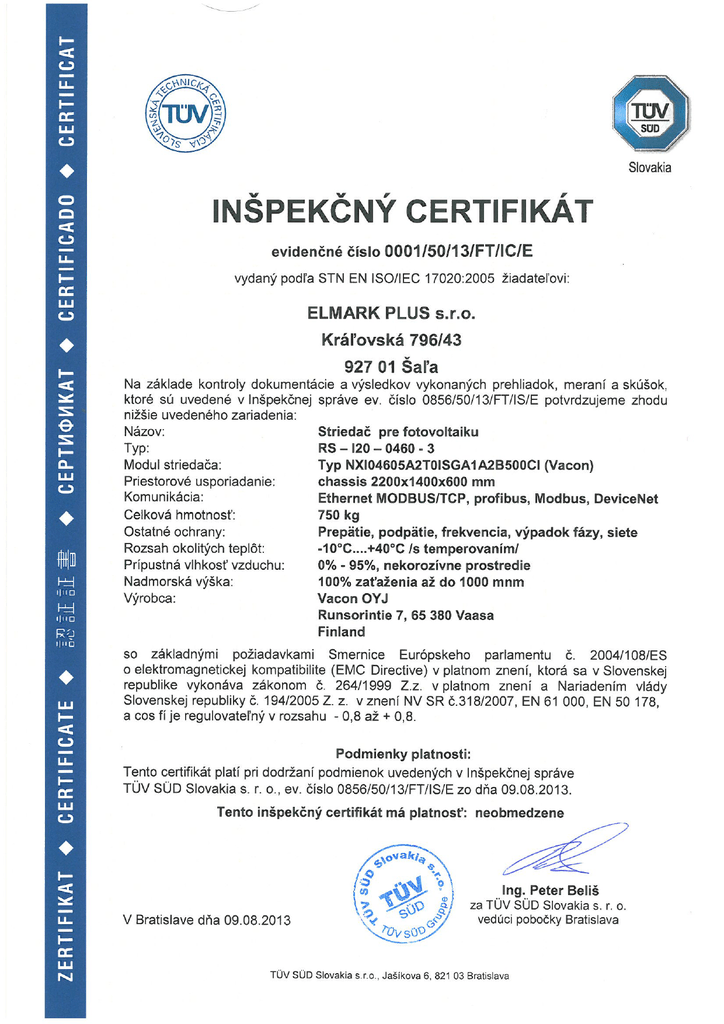 Inspection certificate