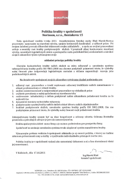 Potvrdenie kvality spoločnosti Norisson s.r.o. je implement&aacute;cia