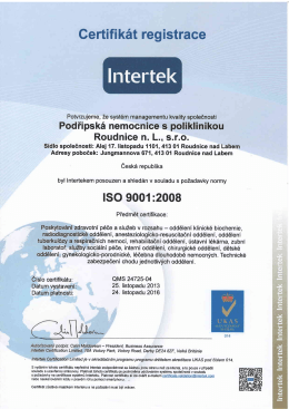 Certifikát ISO 9001:2008 - Podřipská nemocnice s poliklinikou