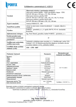 Vyhlásenie o parametroch - tvárnice, priečkovky PORFIX P2-480