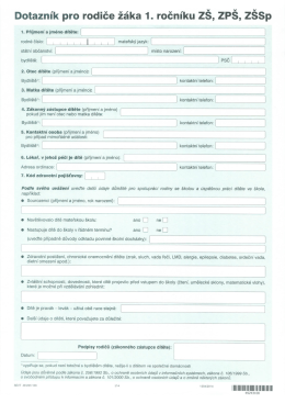 Dotazn&iacute;k pro rodiče ž&aacute;ka 1. ročn&iacute;ku Z&Scaron;, ZP&Scaron;, Z&Scaron;Sp