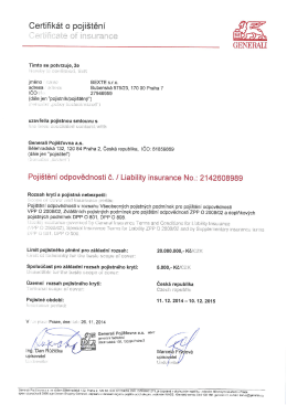 Certifikát O pojištění . Gerišﬁcate of insurance GENERALI