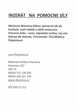 Inzer&aacute;t na pomocn&eacute; s&iacute;ly do Motorestu 4Kameny