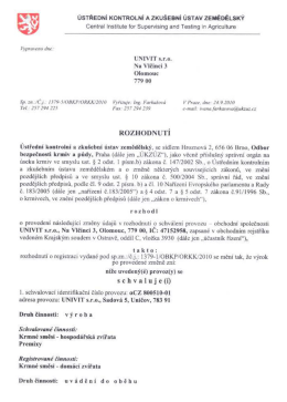 Certifikace v&yacute;roby krmiv &Uacute;KZ&Uacute;Z 2010