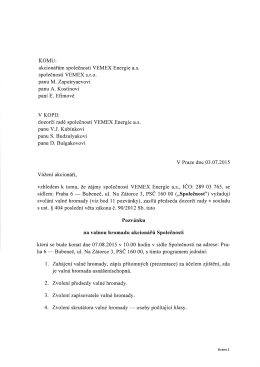Pozvánka na valnou hromadu společnosti 7.8.2015