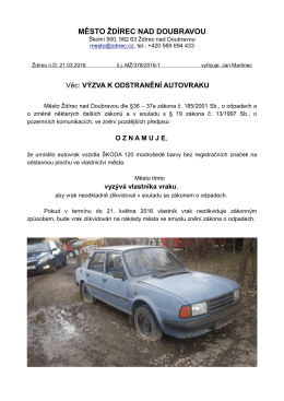 výzva k odstranění autovraku - Město Ždírec nad Doubravou