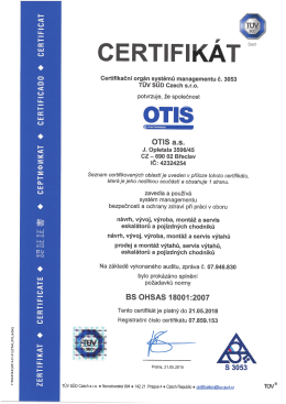 Certifikát řízení bezpečnosti práce BS OHSAS 18001:2007