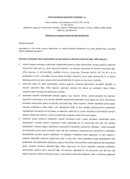 Oznámení o usnesení valné hromady Společnosti