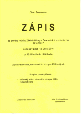 Zápis do prvního ročníku Základní školy v Žeranovicích