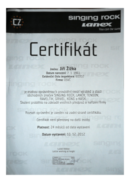 Certifikát na revize Singing Rock, Lanex, Tendon, Raveltik, Grivel