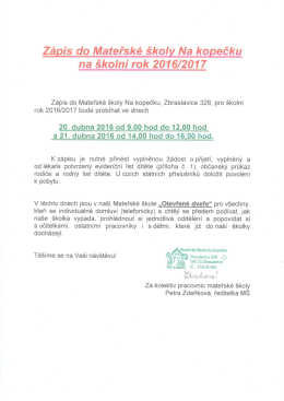 Zápis do Mateřské školy Na kopečku na školní rok
