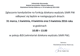 Informacja Wydziałowej Komisji Wyborczej wydziału SiMR PW o