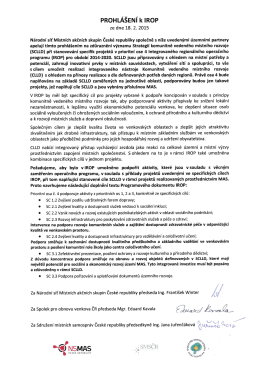 Společné prohlášení NS MAS, SPOV a SMS k IROP z 18. února 2015