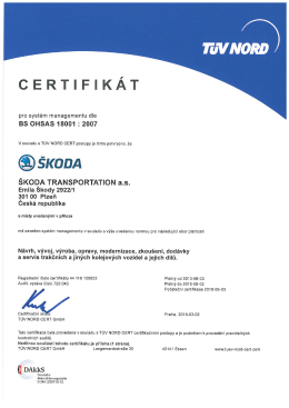 Certifik&aacute;t pro syst&eacute;m managementu dle BS OHSAS 18001 : 2007