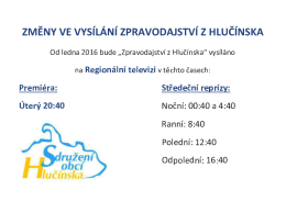 Změny ve vysílání Zpravodajství z Hlučínska