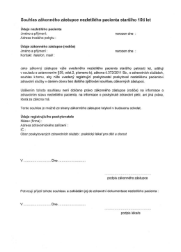 Souhlas z&aacute;konn&eacute;ho z&aacute;stupce nezletil&eacute;ho pacienta star&scaron;&iacute;ho 15ti let