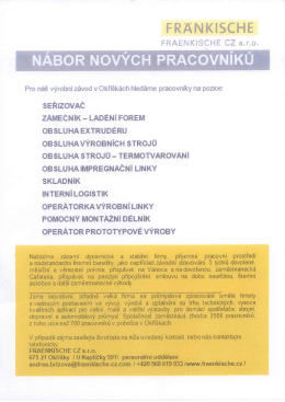 Nábor nových pracovníků Fraenkische CZ s.r.o. pro výrobní závod v