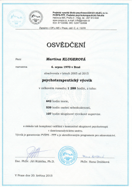 Osvědčení Psychoterapeutické vzdělání Martina Klugerová