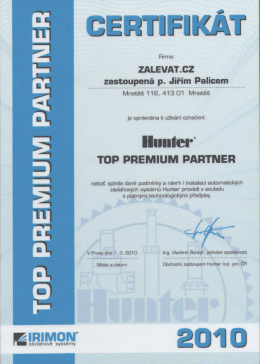 Zalevat.cz - certifik&aacute;t TOP PREMIUM PARTNER firmy Hunter