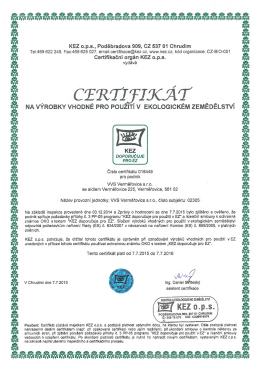Certifik&aacute;t 018449 na v&yacute;robky vhodn&eacute; pro použit&iacute; v ekologick&eacute;m