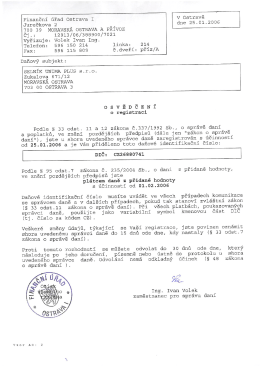 Osvědčení o registraci - SELNÍK UNIMA PLUS sro