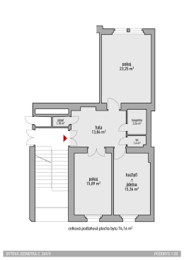 pokoj 23,25 m2 hala 13,84 m2 pokoj 15,89 m2 kuchyň + jídelna 15