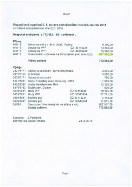 Rozpočet zvy&scaron;ujeme o 772 852,-- Kč v př&iacute;jmech .