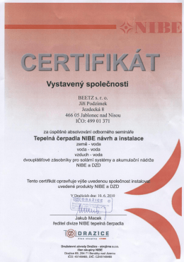 Certifikát pro návrh a instalaci tepelných čerpadel NIBE