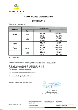 Ceník prodeje ulovené zvěře (zvěřiny) pro rok 2015