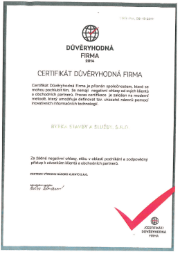 Rybka - stavby a služby, s.r.o. - Certifikát důvěryhodná firma 2014