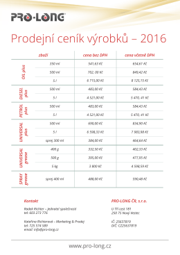 Prodejní ceník výrobků – 2016 - pro-long