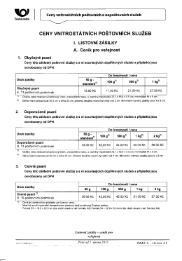 CENY VNITROST&Aacute;TN&Iacute;CH PO&Scaron;TOVN&Iacute;CH SLUŽEB