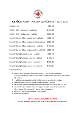 CENÍK SEPETNÁ – PENZION SLUNÍČKO 24. – 29. 4. 2016