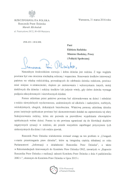 Wystąpienie Rzecznika Praw Dziecka do Minister Rodziny, Pracy i