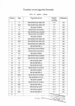 2016. &aacute;prilisi orvosi &uuml;gyeleti beoszt&aacute;s