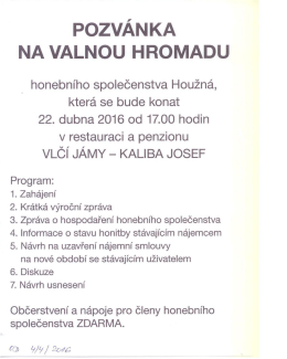 Pozvánka na Valnou hromadu honebního společenstva Houžná