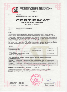 Certifik&aacute;t tepeln&eacute; propustnosti vrat s pln&yacute;mi sekcemi