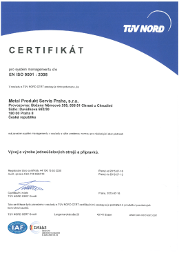 CERTIFIK&Aacute;T - Metal Produkt Servis Praha