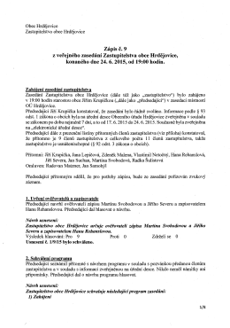 Zápis č. 9 z veřejného zasedání Zastupitelstva obce Hrdějovice,