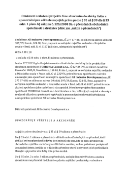 Oznámení o uložení projektu fúze sloučením do sbírky listin a
